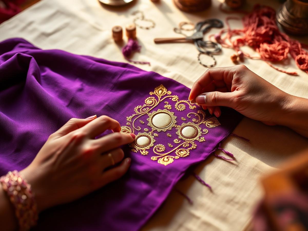 Hands stitching gold embroidery onto purple fabric surrounded by threads and beads