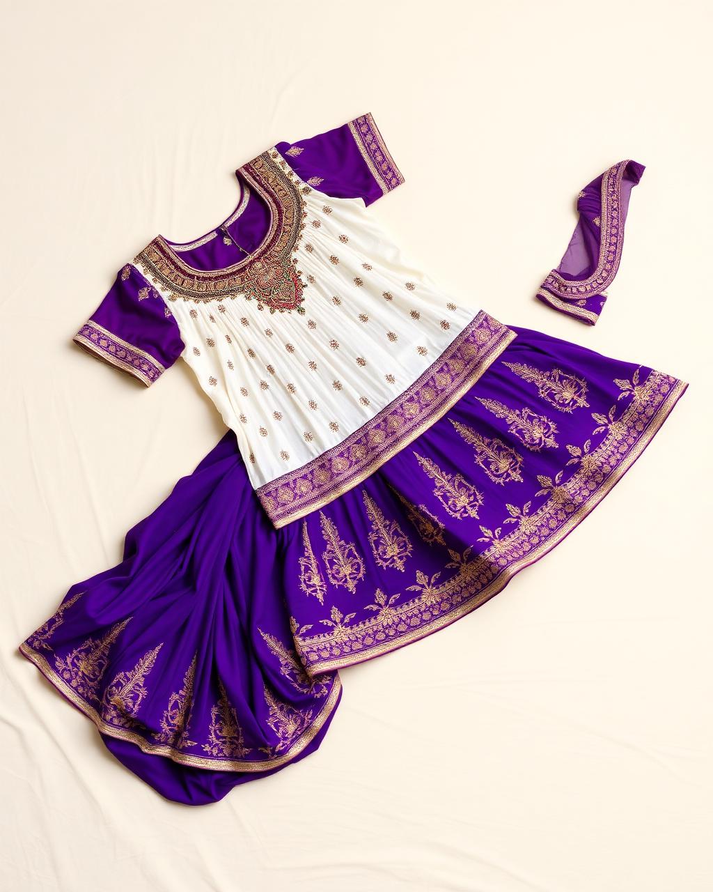 Purple and gold traditional Gujarati chaniya choli laid out on ivory fabric