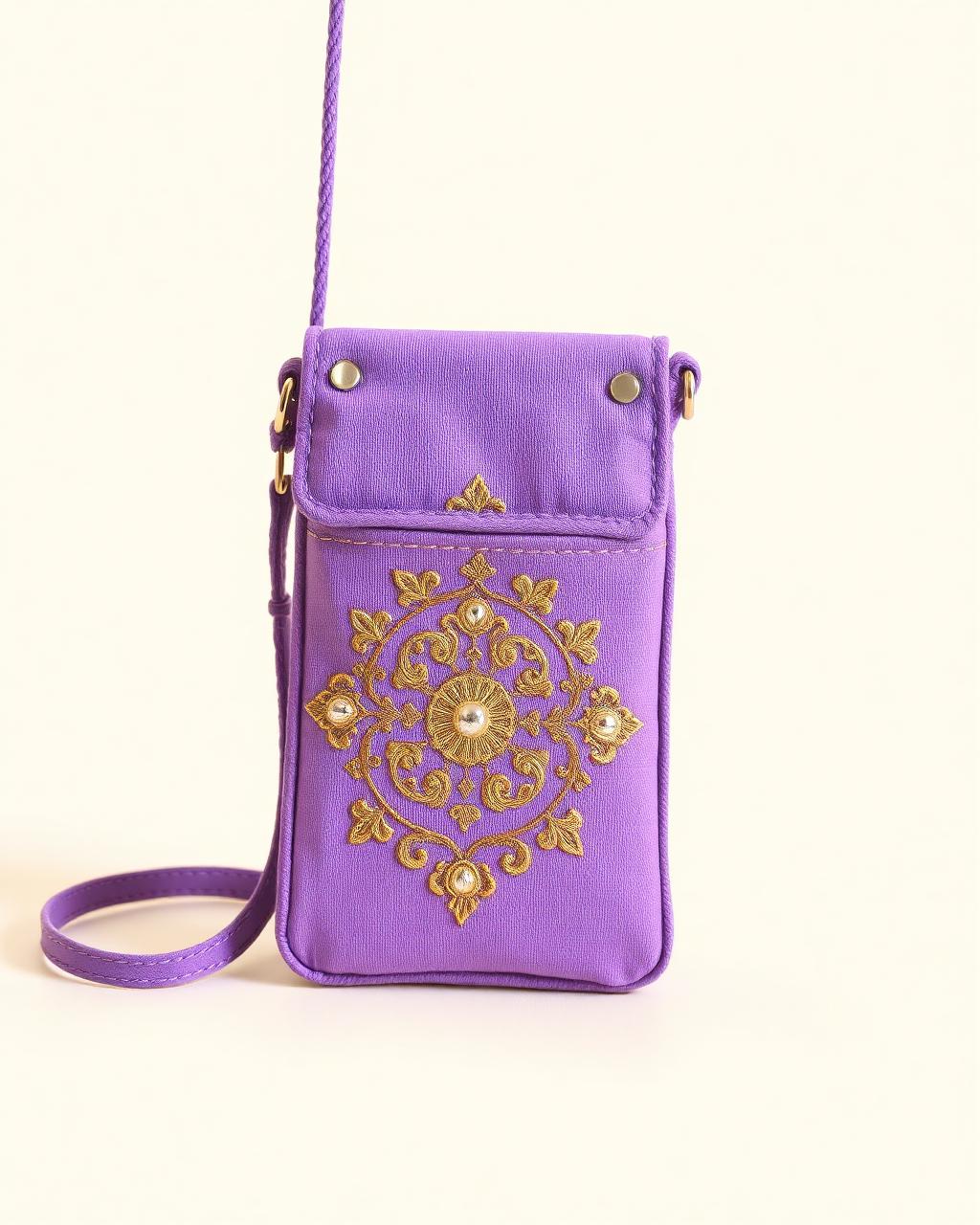 Lavender embroidered traditional mobile sling purse with gold thread work