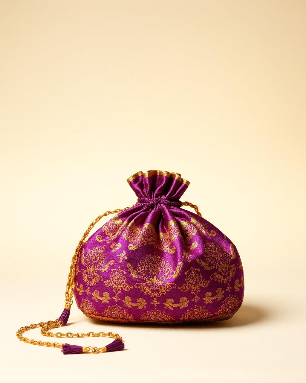 Purple brocade potli purse with gold chain and tassels on a cream background