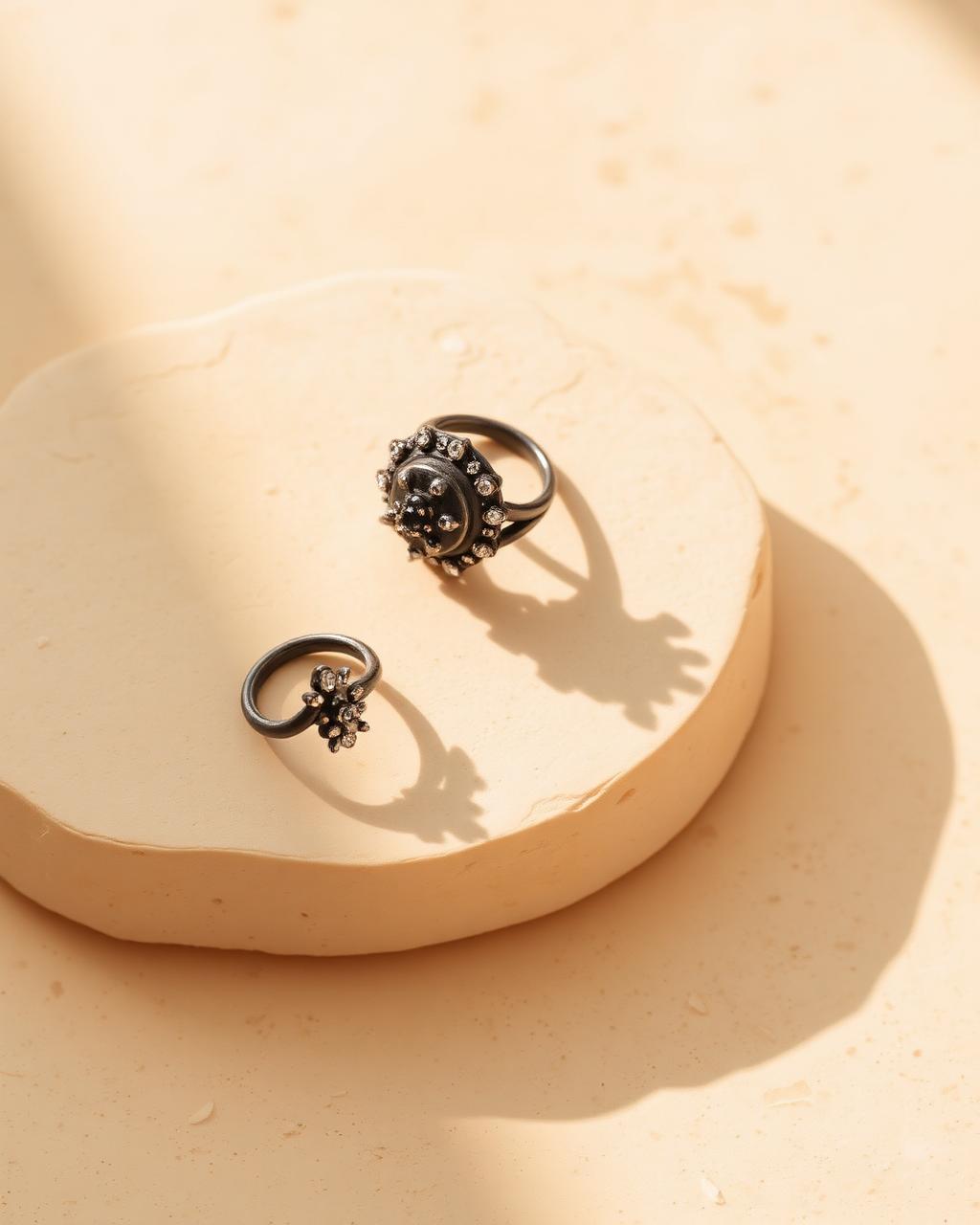 Two oxidised traditional Indian statement rings on a cream stone surface