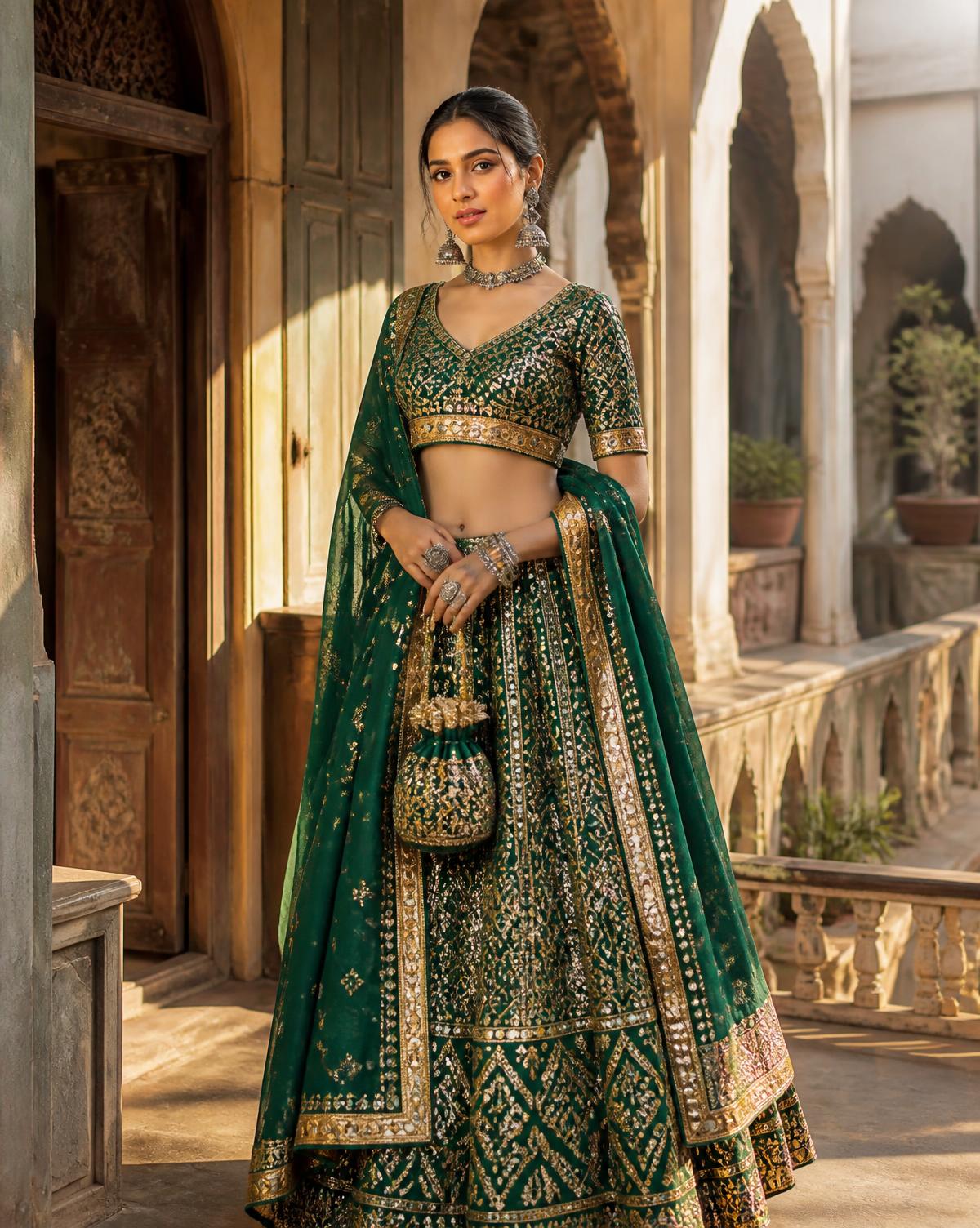 Woman in an emerald green and gold chaniya choli with a potli purse in a haveli courtyard