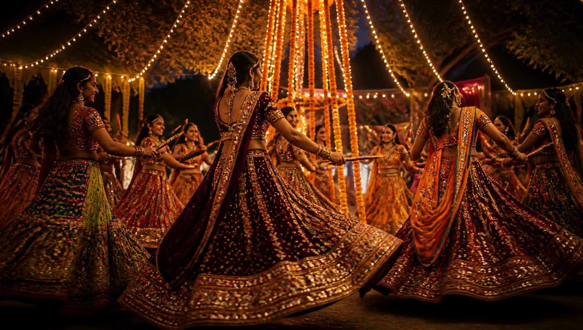Women in colourful traditional chaniya choli dancing garba under festive string lights