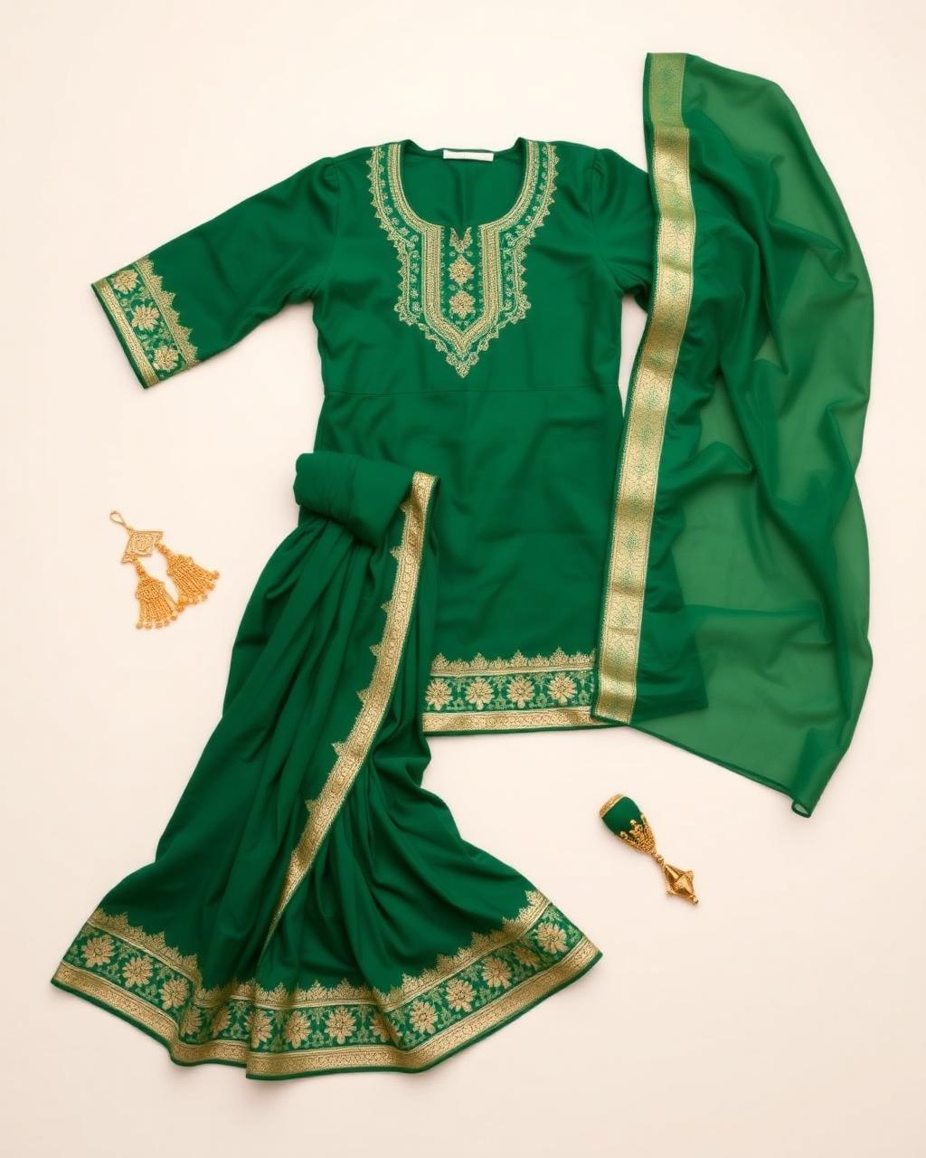 Emerald green chaniya choli set with gold gota border laid flat on ivory