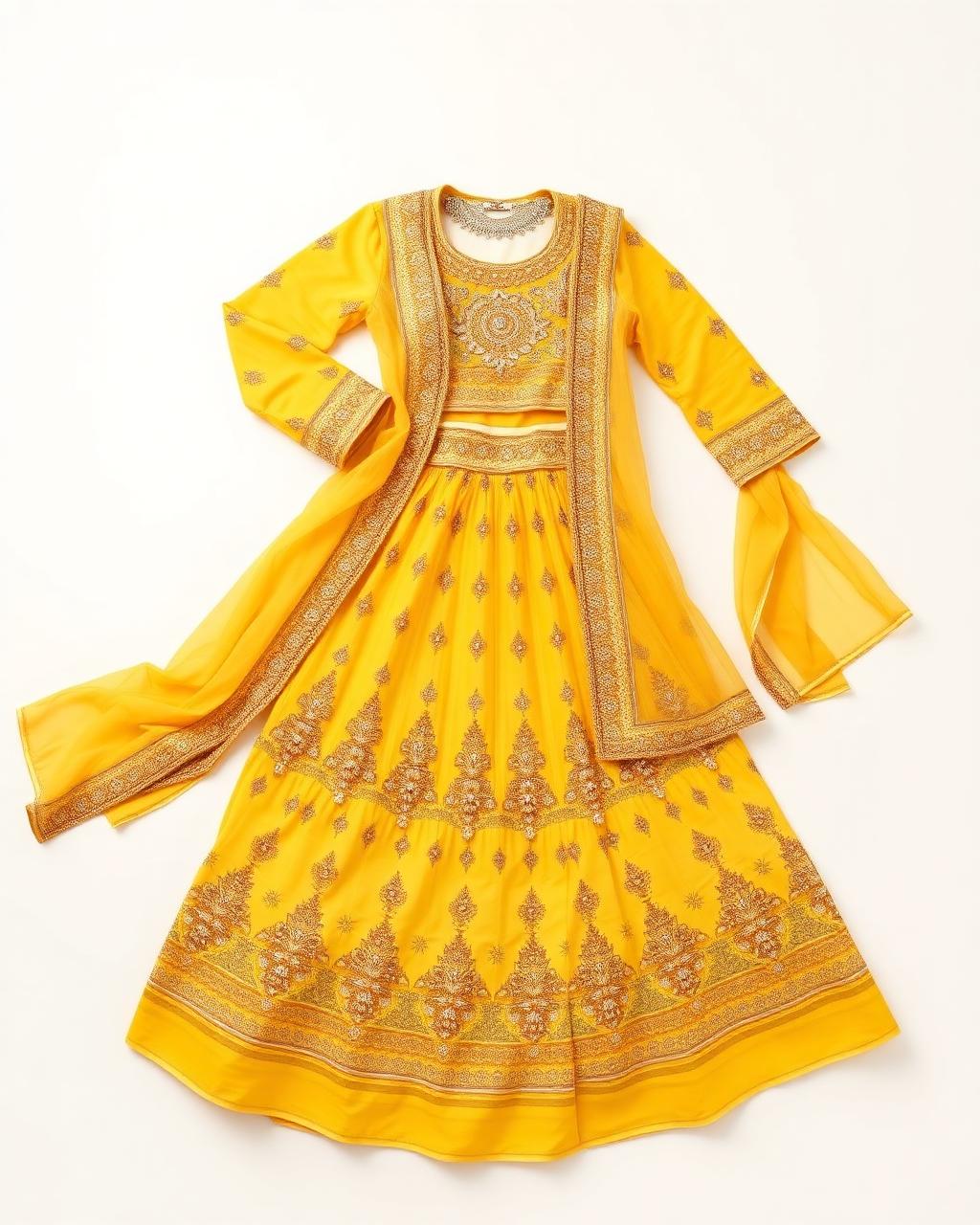 Marigold yellow chaniya choli with gold embroidery and net dupatta