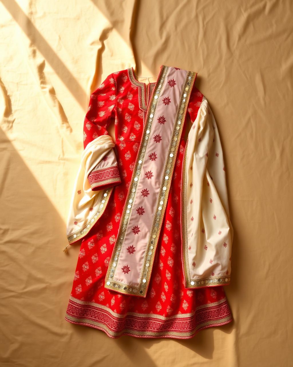Red bandhani chaniya choli with ivory mirror-work dupatta flat lay