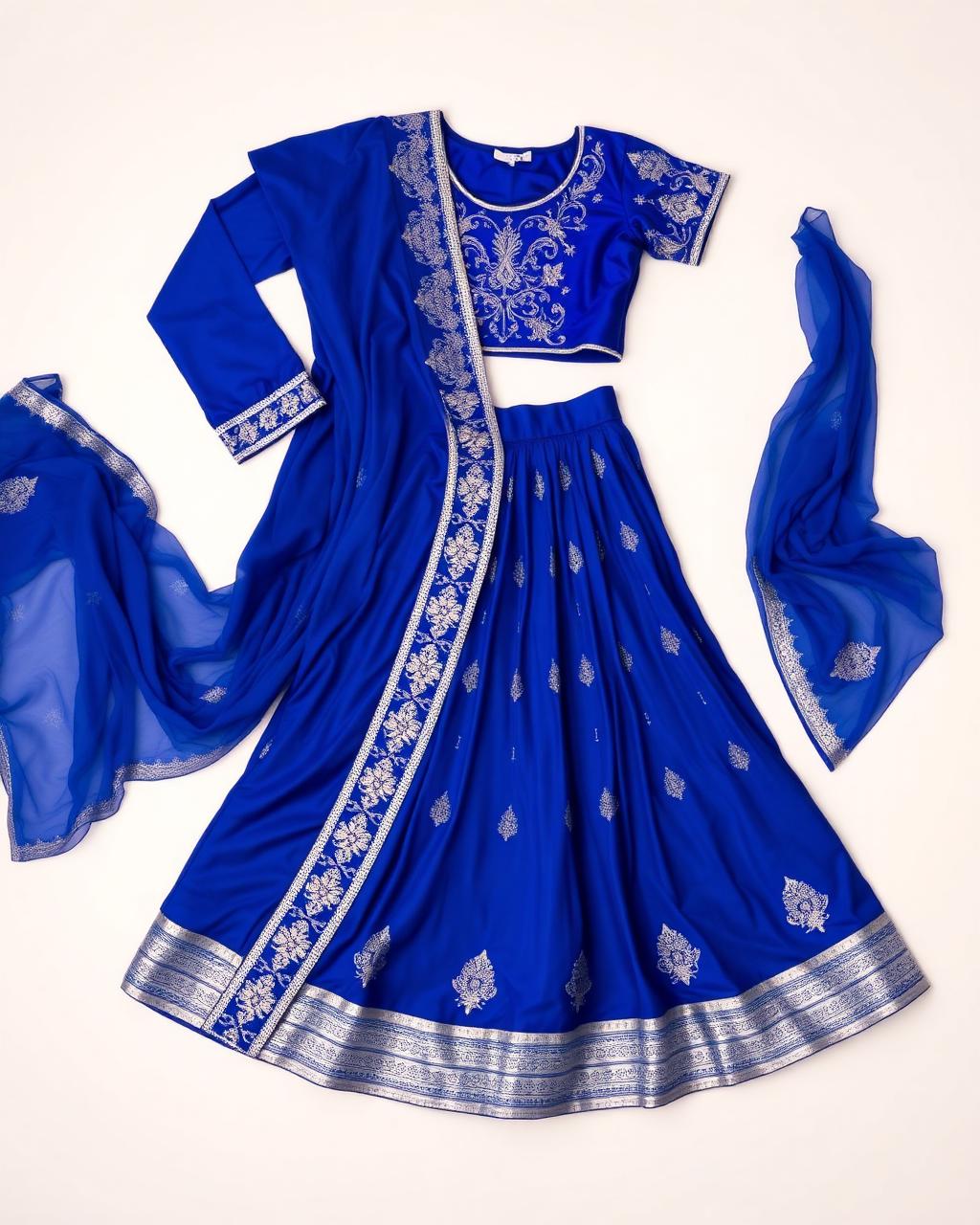Royal blue chaniya choli set with silver mirror work and chiffon dupatta