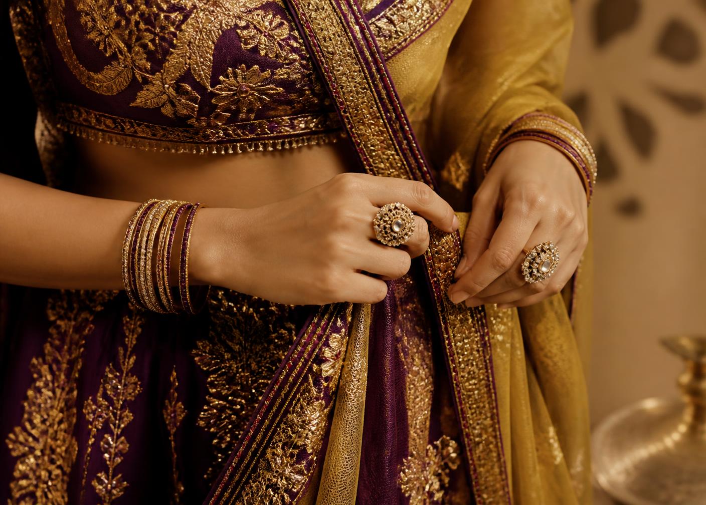 Close detail of gold zari embroidery, bangles and traditional rings on a purple chaniya choli